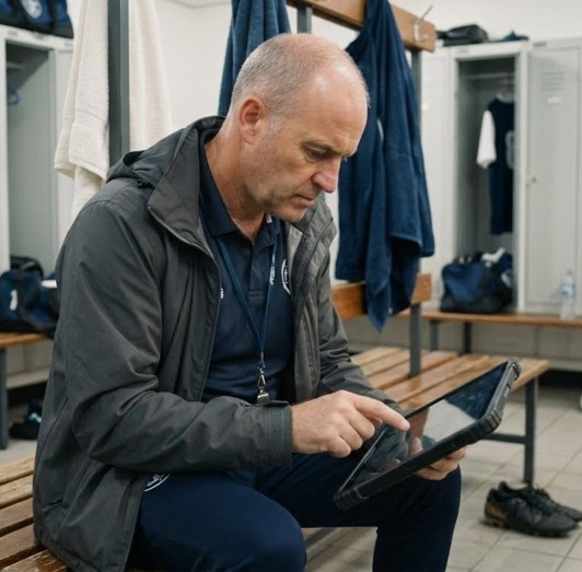 coach on tablet in locker room